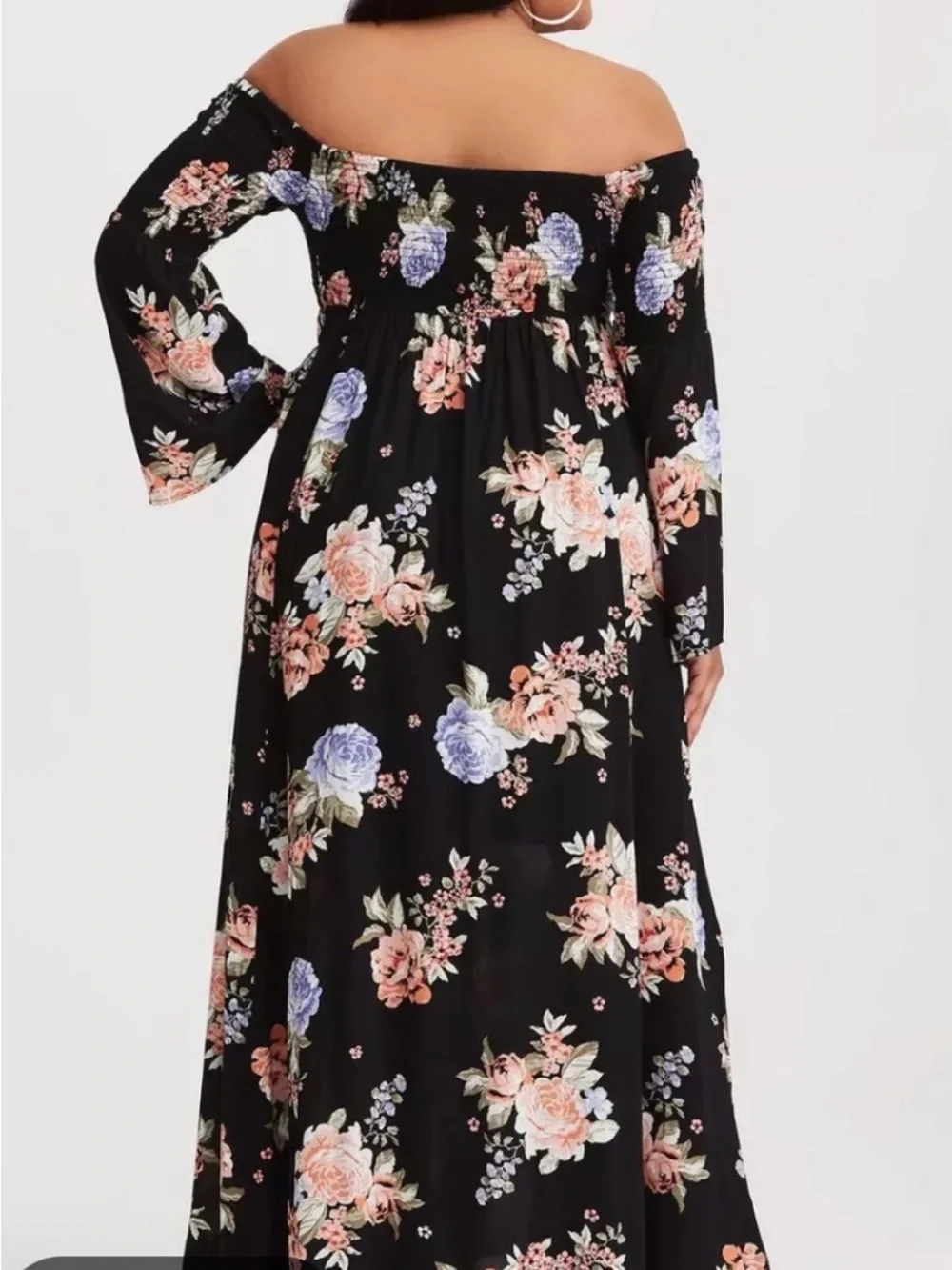 Black Peach Blue Floral Challis Off Shoulder Maxi Dress torrid 2x plus - Picture 3 of 9